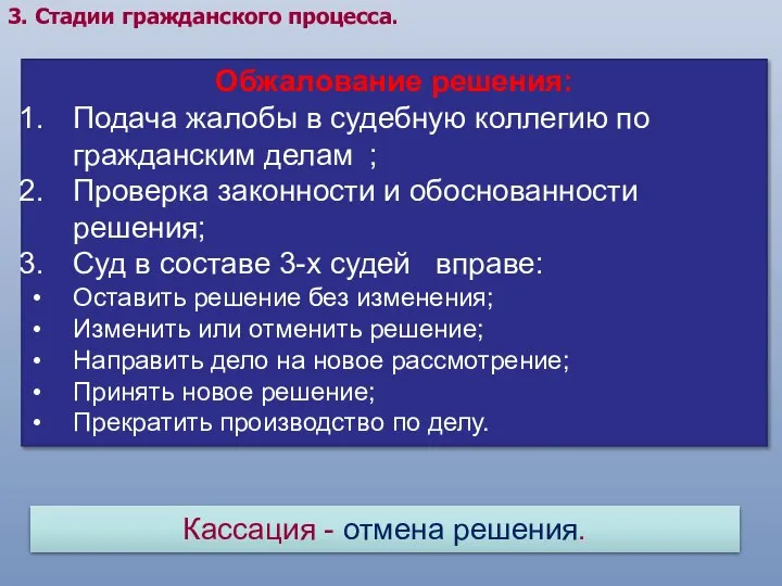 3. Стадии гражданского процесса. Обжалование решения: Подача жалобы в судебную коллегию