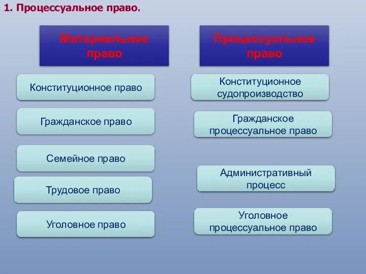 1. Процессуальное право. Материальное право Процессуальное право Конституционное право Гражданское право