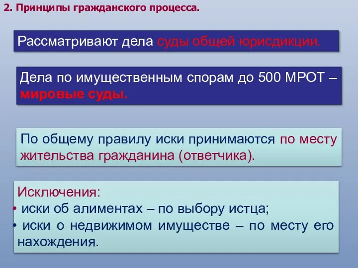 2. Принципы гражданского процесса. Рассматривают дела суды общей юрисдикции. Дела по