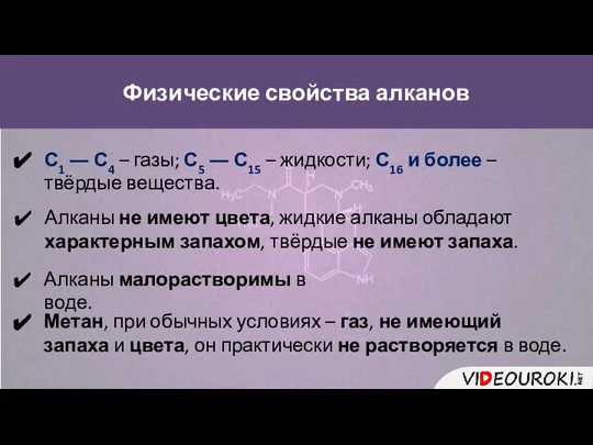 Физические свойства алканов Метан, при обычных условиях – газ, не имеющий