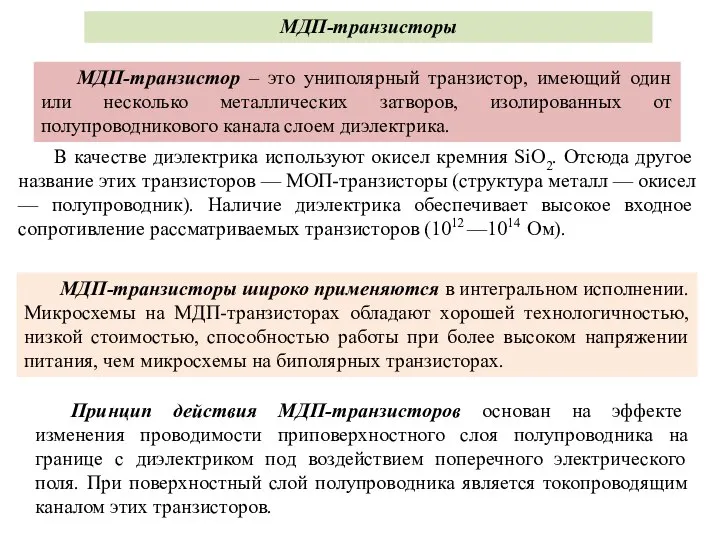 . МДП-транзисторы МДП-транзистор – это униполярный транзистор, имеющий один или несколько