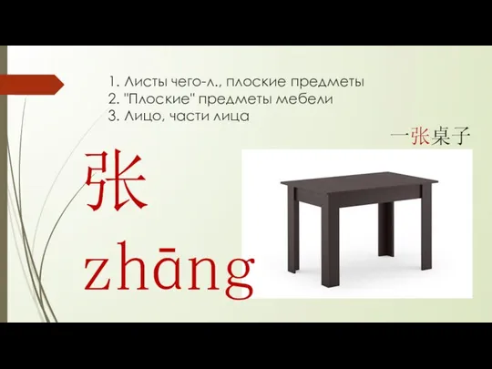 1. Листы чего-л., плоские предметы 2. "Плоские" предметы мебели 3. Лицо, части лица 张 zhāng 一张桌子