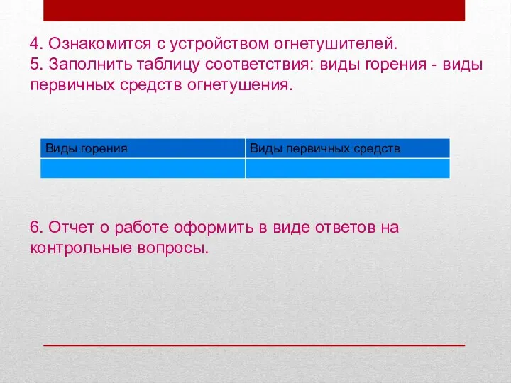 4. Ознакомится с устройством огнетушителей. 5. Заполнить таблицу соответствия: виды горения