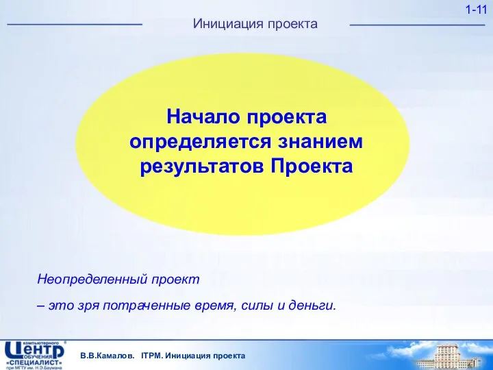 В.В.Камалов. ITPM. Инициация проекта 1- Инициация проекта Начало проекта определяется знанием