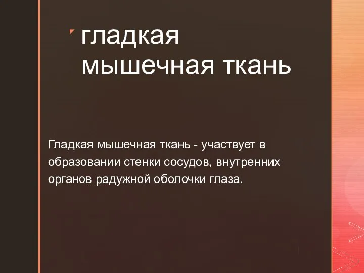 гладкая мышечная ткань Гладкая мышечная ткань - участвует в образовании стенки