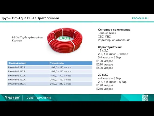 Трубы Pro Aqua PE-Xa Трёхслойные PE-Xa Труба трёхслойная Красная Основное применение: