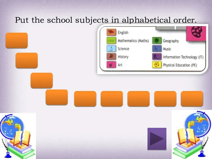 Put the school subjects in alphabetical order. ART English Geography History IT Maths Science Music PE