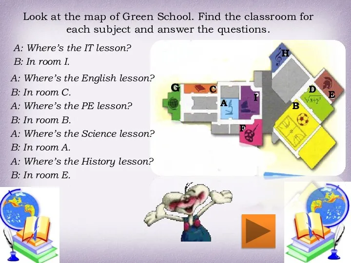 Look at the map of Green School. Find the classroom for