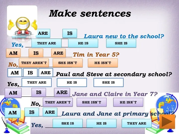 Make sentences Yes, ________________ ________________________Laura new to the school? Yes, ________________