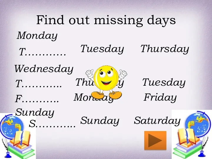 Find out missing days Monday T………… Wednesday T………... F……….. Sunday S………...