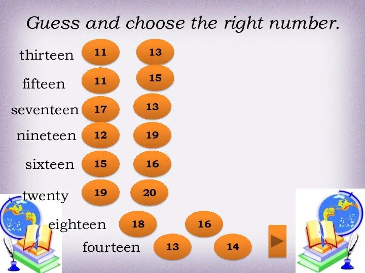 Guess and choose the right number. thirteen fourteen fifteen sixteen seventeen