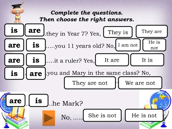 Complete the questions. Then choose the right answers. ……………….he Mark? No,