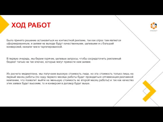 ХОД РАБОТ Было принято решение остановиться на контекстной рекламе, так как