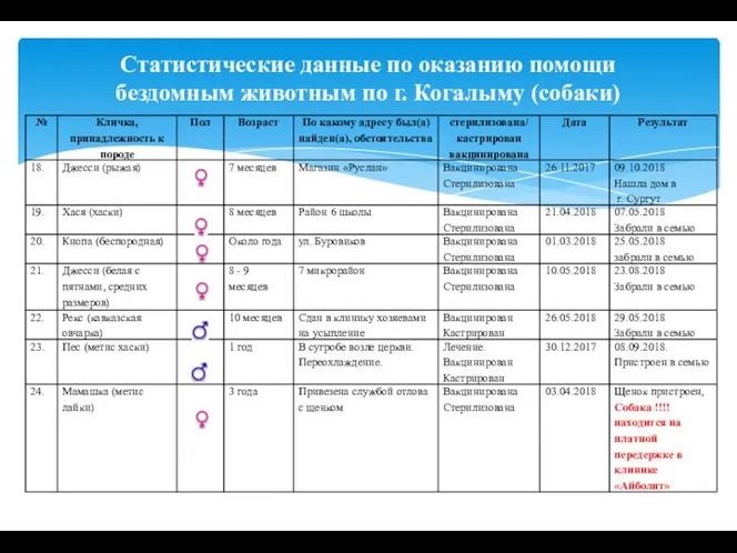 Статистические данные по оказанию помощи бездомным животным по г. Когалыму (собаки)