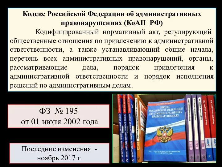 Кодекс Российской Федерации об административных правонарушениях (КоАП РФ) Кодифицированный нормативный акт,
