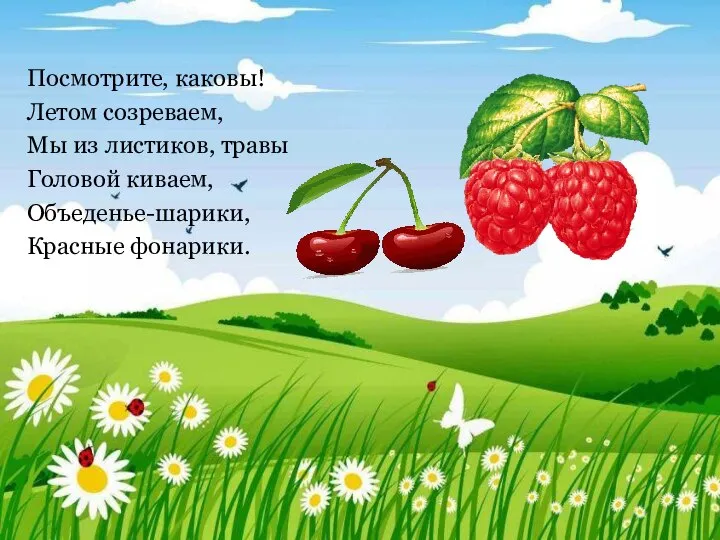 Посмотрите, каковы! Летом созреваем, Мы из листиков, травы Головой киваем, Объеденье-шарики, Красные фонарики.