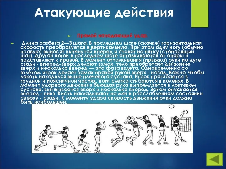 Атакующие действия Прямой нападающий удар. Длина разбега 2—3 шага. В последнем