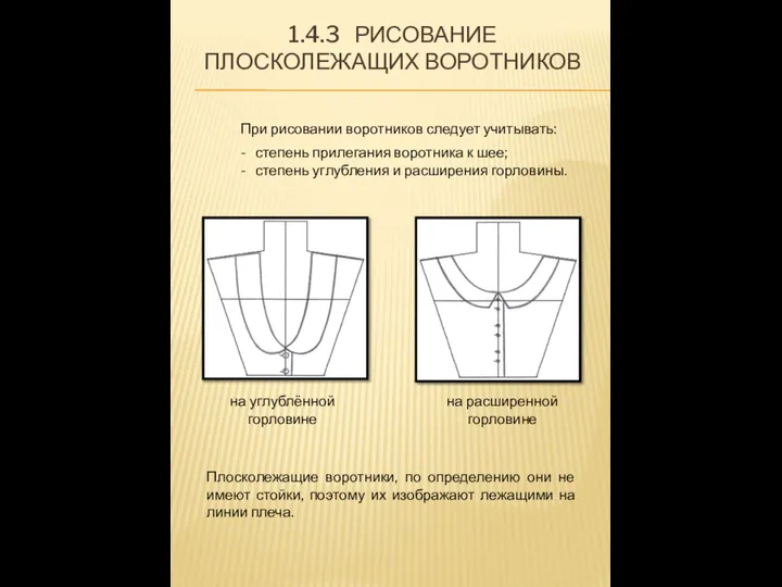 1.4.3 РИСОВАНИЕ ПЛОСКОЛЕЖАЩИХ ВОРОТНИКОВ на углублённой горловине на расширенной горловине При