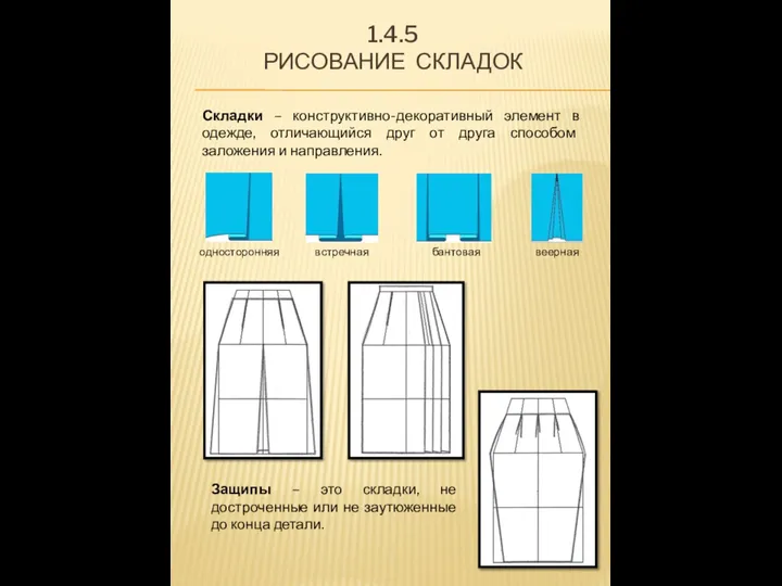 1.4.5 РИСОВАНИЕ СКЛАДОК Складки – конструктивно-декоративный элемент в одежде, отличающийся друг