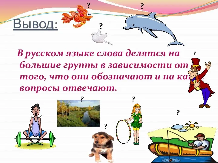 Вывод: В русском языке слова делятся на большие группы в зависимости