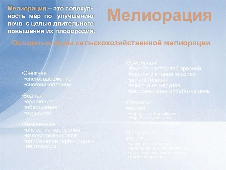 Снежная снегозадержание снегонакопление Водная орошение обводнение осушение Химическая внесение удобрений известкование