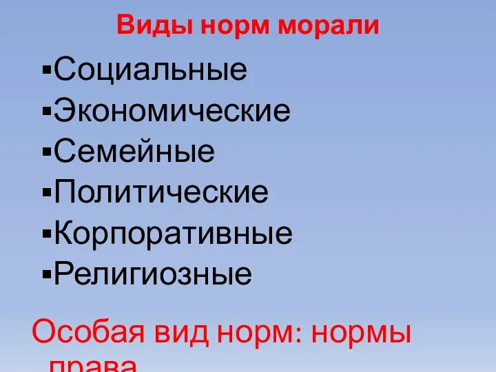 Виды норм морали Социальные Экономические Семейные Политические Корпоративные Религиозные Особая вид норм: нормы права