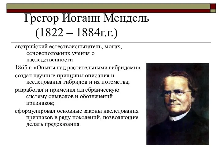 Грегор Иоганн Мендель (1822 – 1884г.г.) австрийский естествоиспытатель, монах, основоположник учения