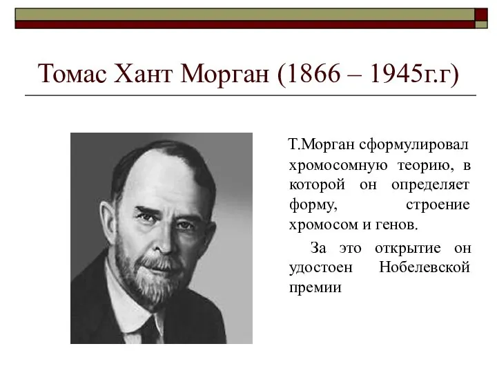 Томас Хант Морган (1866 – 1945г.г) Т.Морган сформулировал хромосомную теорию, в