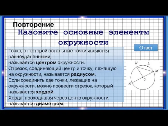 Повторение Назовите основные элементы окружности Ответ Точка, от которой остальные точки