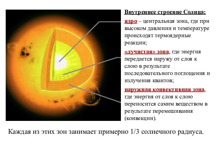 Внутреннее строение Солнца: ядро – центральная зона, где при высоком давлении