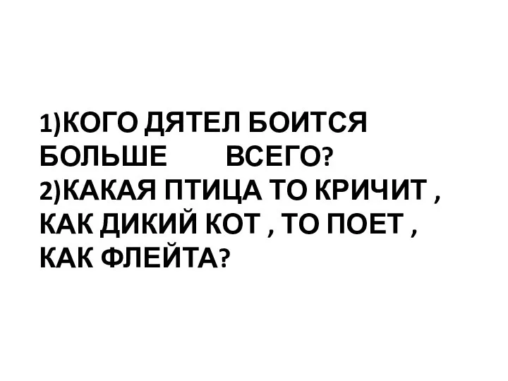 1)КОГО ДЯТЕЛ БОИТСЯ БОЛЬШЕ ВСЕГО? 2)КАКАЯ ПТИЦА ТО КРИЧИТ , КАК