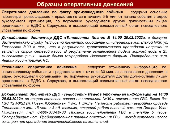 Образцы оперативных донесений Оперативное донесение по факту произошедшего события – содержит