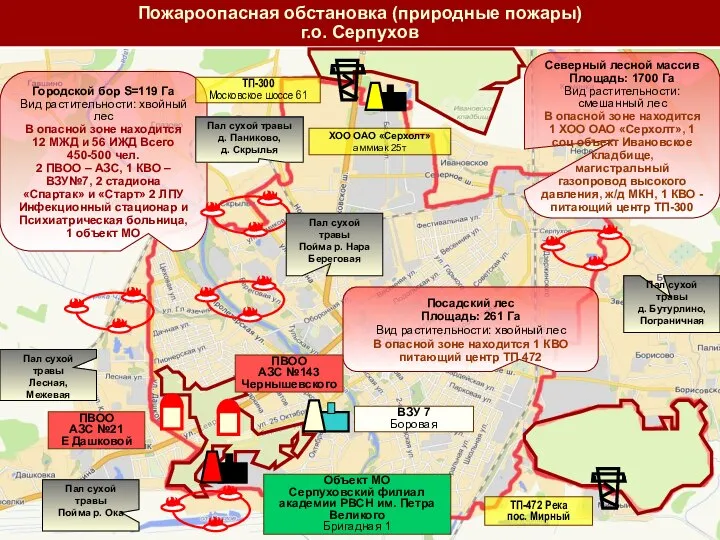 Городской бор S=119 Га Вид растительности: хвойный лес В опасной зоне