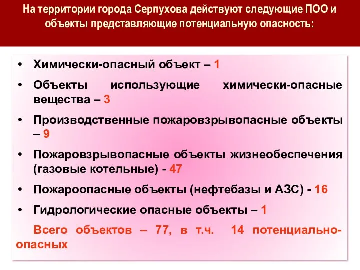 Химически-опасный объект – 1 Объекты использующие химически-опасные вещества – 3 Производственные