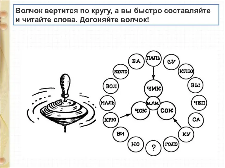 Волчок вертится по кругу, а вы быстро составляйте и читайте слова. Догоняйте волчок!