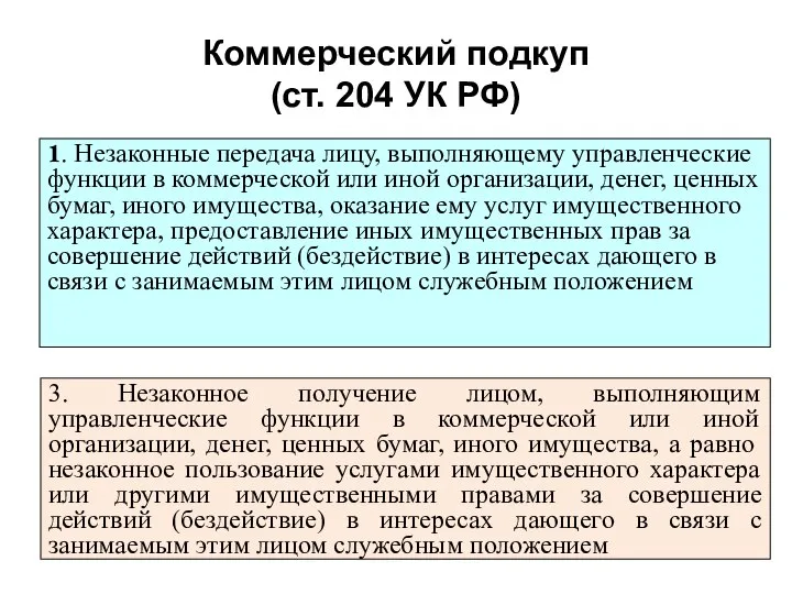 Коммерческий подкуп (ст. 204 УК РФ) 1. Незаконные передача лицу, выполняющему