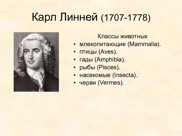 Карл Линней (1707-1778) Классы животных млекопитающие (Mammalia). птицы (Aves). гады (Amphibia).