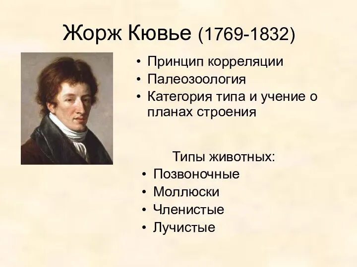 Жорж Кювье (1769-1832) Типы животных: Позвоночные Моллюски Членистые Лучистые Принцип корреляции