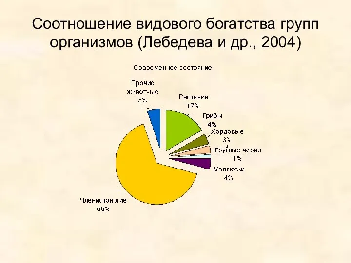 Соотношение видового богатства групп организмов (Лебедева и др., 2004)