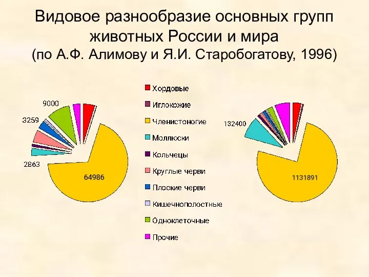 Видовое разнообразие основных групп животных России и мира (по А.Ф. Алимову и Я.И. Старобогатову, 1996)