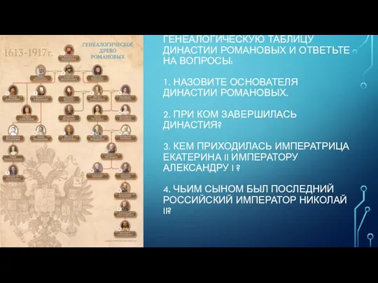 ЗАДАНИЕ № 4: РАССМОТРИТЕ ГЕНЕАЛОГИЧЕСКУЮ ТАБЛИЦУ ДИНАСТИИ РОМАНОВЫХ И ОТВЕТЬТЕ НА