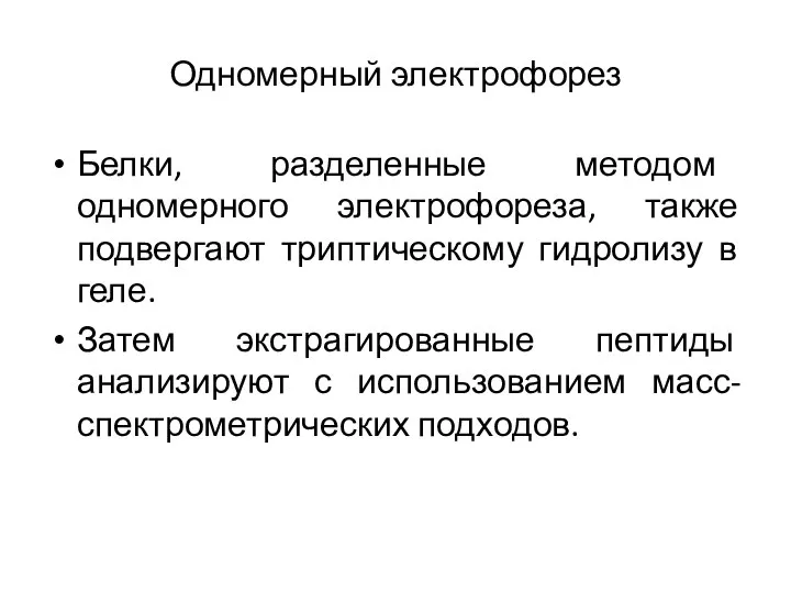 Одномерный электрофорез Белки, разделенные методом одномерного электрофореза, также подвергают триптическому гидролизу