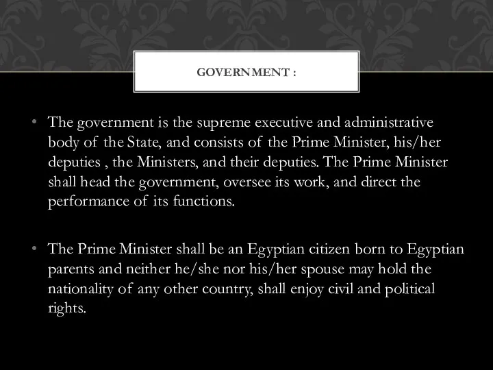 The government is the supreme executive and administrative body of the