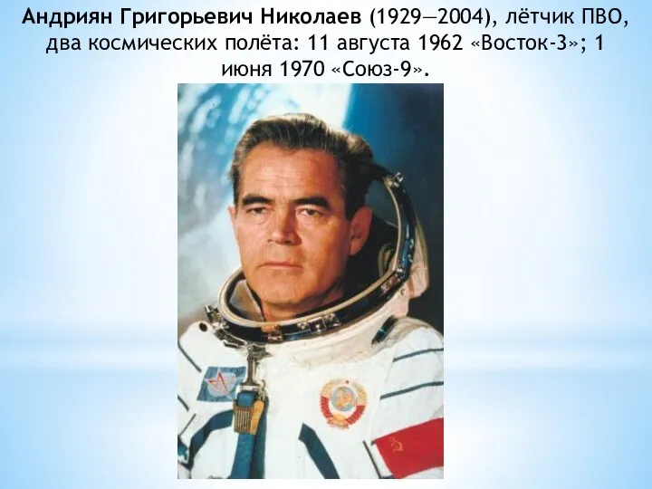 Андриян Григорьевич Николаев (1929—2004), лётчик ПВО, два космических полёта: 11 августа