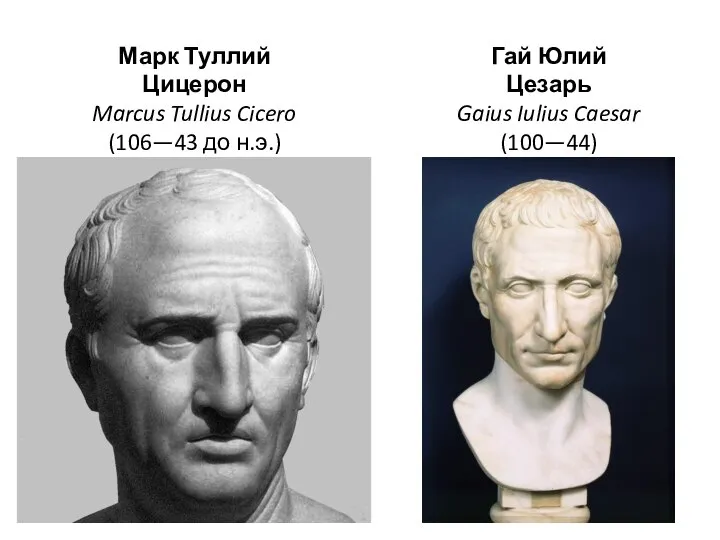 Марк Туллий Цицерон Marcus Tullius Cicero (106—43 до н.э.) Гай Юлий Цезарь Gaius Iulius Caesar (100—44)