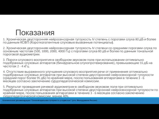 Показания 1. Хроническая двусторонняя нейросенсорная тугоухость IV степень с порогами слуха