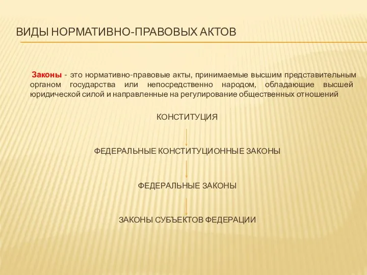 ВИДЫ НОРМАТИВНО-ПРАВОВЫХ АКТОВ Законы - это нормативно-правовые акты, принимаемые высшим представительным