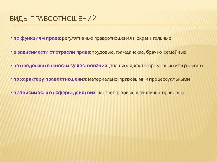 ВИДЫ ПРАВООТНОШЕНИЙ • по функциям права: регулятивные правоотношения и охранительные •