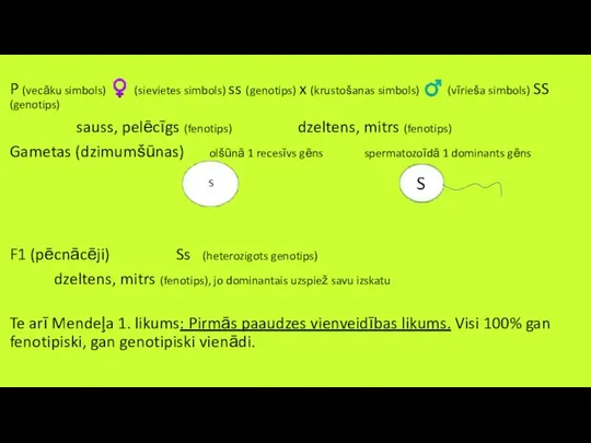 P (vecāku simbols) ♀ (sievietes simbols) ss (genotips) x (krustošanas simbols)