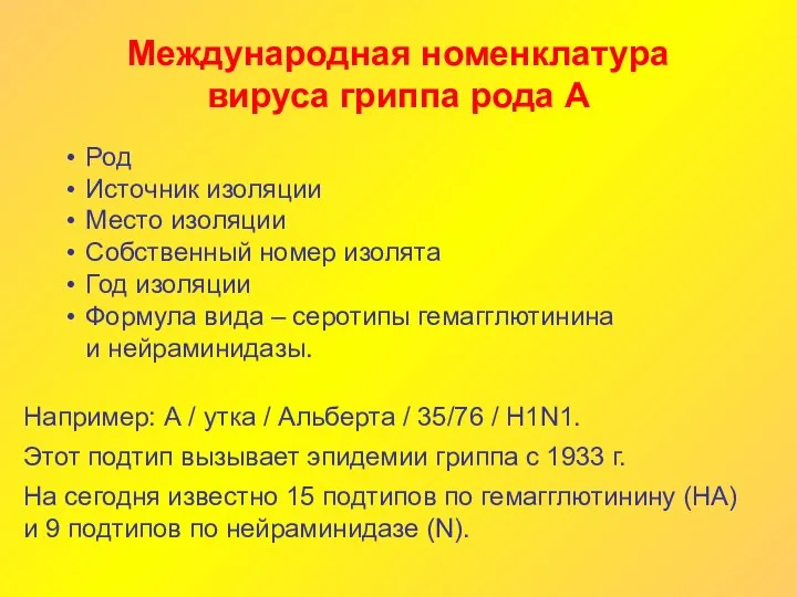 Международная номенклатура вируса гриппа рода А Род Источник изоляции Место изоляции